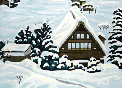 北岡文雄「雪の白川郷（世界遺産条約登録地シリーズNo,6）」木版画　拡大画像2