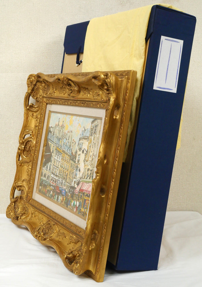 児玉幸雄「セーヌ通りの朝市（パリ）」油絵・F4号　付属品画像（黄袋、布タトウ箱）