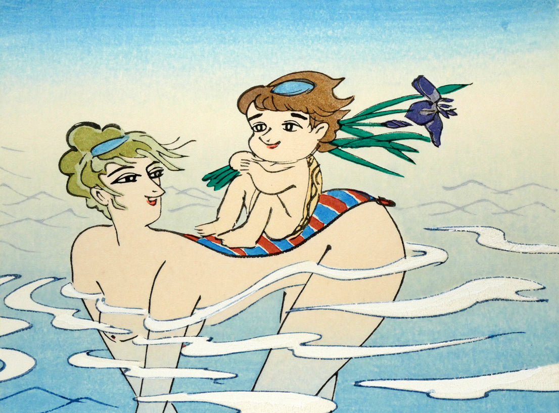小島功「薫風（水辺有情）」木版画　拡大画像1