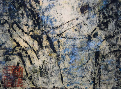 孔柏基（KONG　Baiji）「伎楽（ぎがく）」パネルに貼付した紙に油彩・F6号　拡大画像3