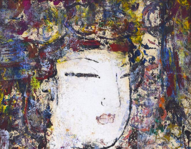 孔柏基（KONG　Baiji）「王女」パネルに貼付した紙に油彩・F6号　拡大画像1