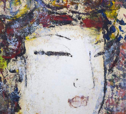 孔柏基（KONG　Baiji）「王女」パネルに貼付した紙に油彩・F6号　拡大画像3