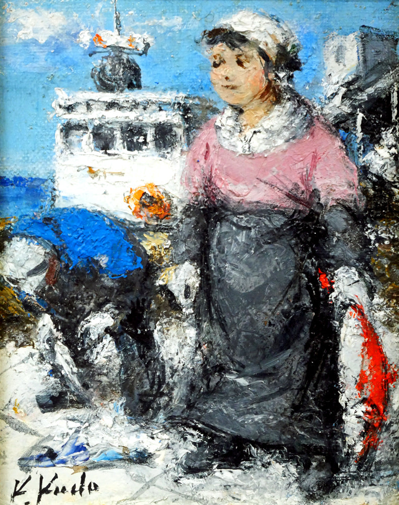 工藤和男「赤い魚と漁婦」油絵・F0号　作品全体画像