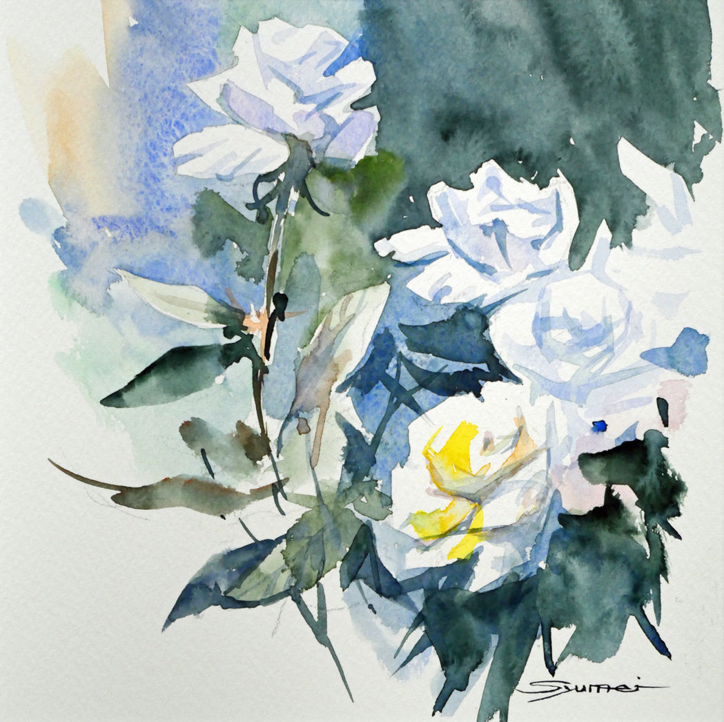 【A】輸入品　美術　アート　絵画　バラ　白　　現代　油彩画　アクリル画 国井しゅうめい「白いバラ」水彩画（21×19cm） 絵画買取・販売の