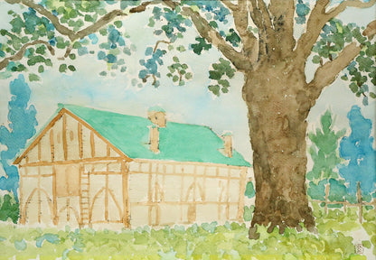 国松登「北大第二農場・種牛舎」水彩画・4号　作品全体画像