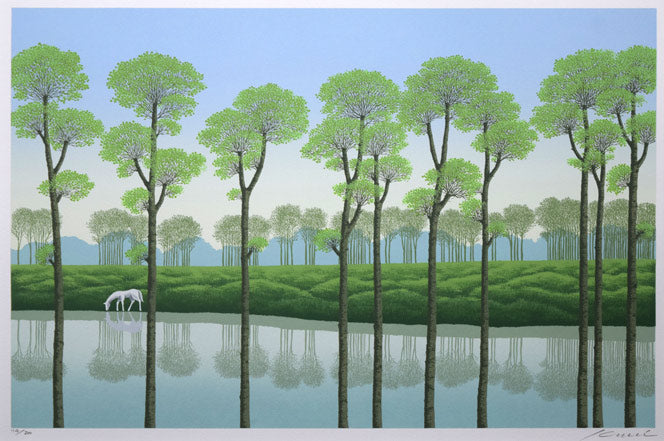 国武久巳「深緑の湖」シルクスクリーン版画　作品全体画像