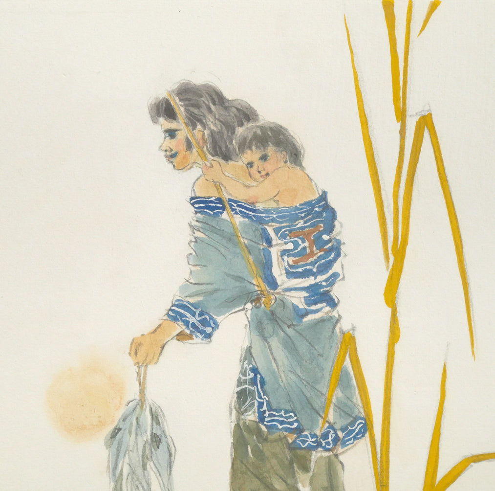 栗谷川健一「アイヌ母子像」水彩画・色紙　拡大画像1