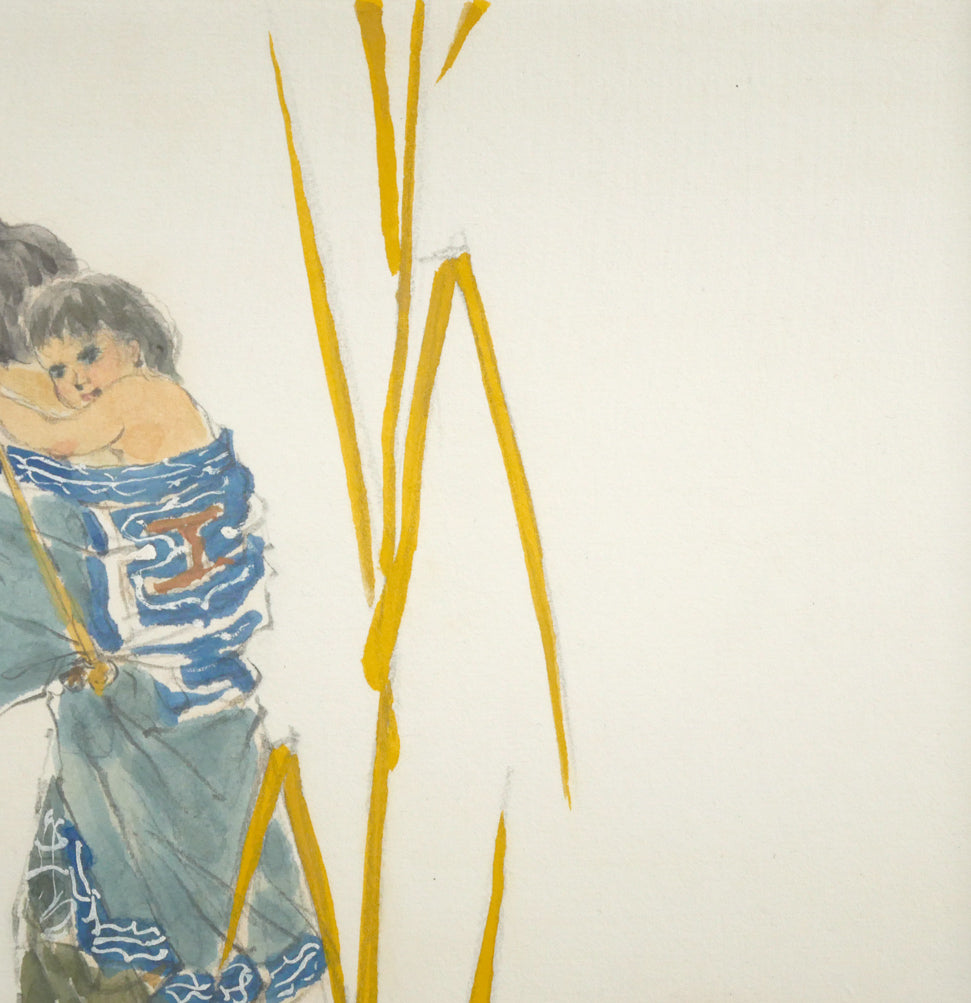 栗谷川健一「アイヌ母子像」水彩画・色紙　拡大画像3