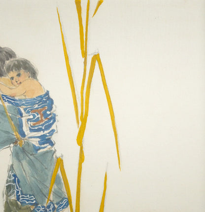 栗谷川健一「アイヌ母子像」水彩画・色紙　拡大画像3