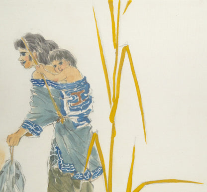 栗谷川健一「アイヌ母子像」水彩画・色紙　拡大画像2
