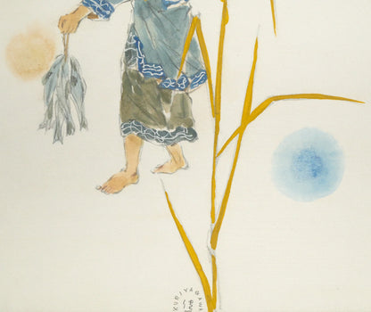 栗谷川健一「アイヌ母子像」水彩画・色紙　拡大画像4