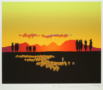 栗谷川健一「暮色明るく（北海道大学構内・手稲山）」シルクスクリーン版画　作品全体画像