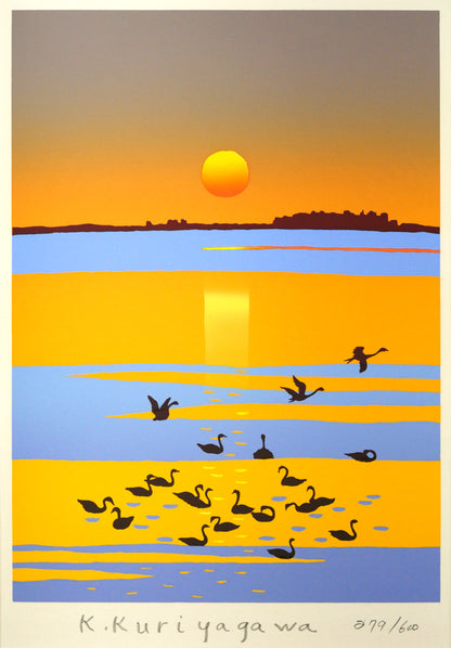 栗谷川健一「白鳥公園（涛沸湖）」シルクスクリーン版画　作品全体画像