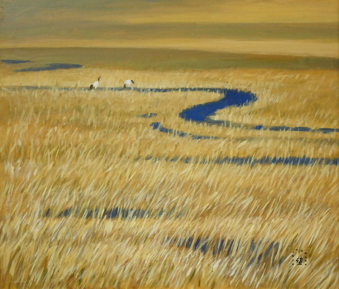 栗谷川健一「湿原の鶴（釧路）」油絵・F10号　作品全体画像