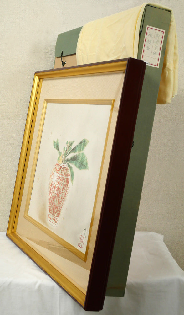 前田青邨「赤絵壷」日本画・P10号　付属品画像（黄袋、布タトウ箱付き）