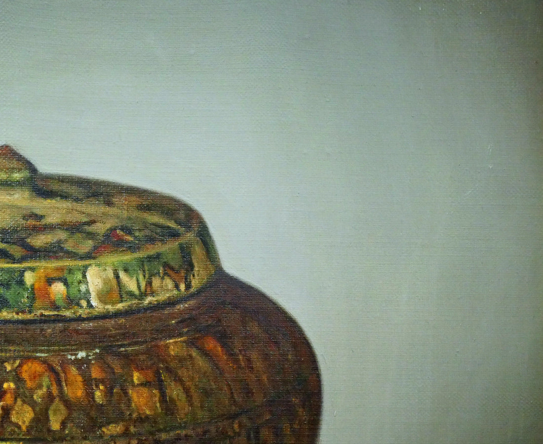 馬堀法眼喜孝「三彩蓋付壺（東京国立国立博物館収蔵・重文）」油絵・F6号　拡大画像2
