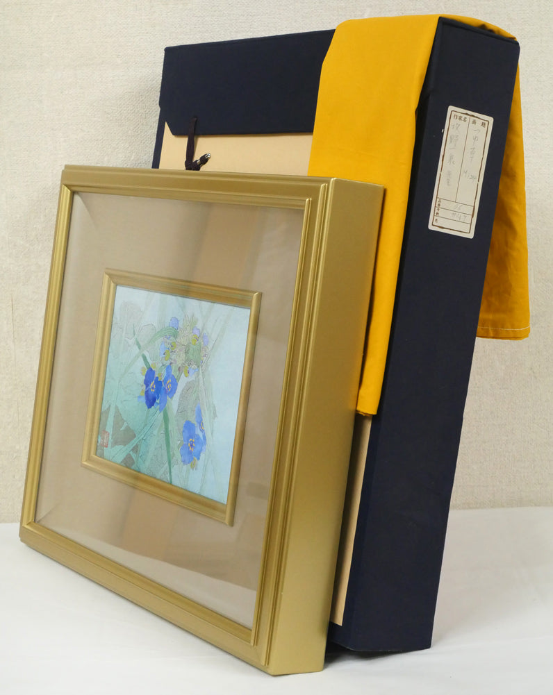 牧野一泉「つゆ草」日本画・SM　付属品画像（黄袋、布タトウ箱あり）