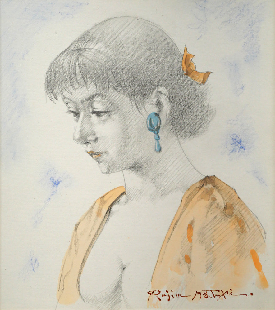 松樹路人「翡翠」水彩画・パステル併用・色紙額装　作品全体画像