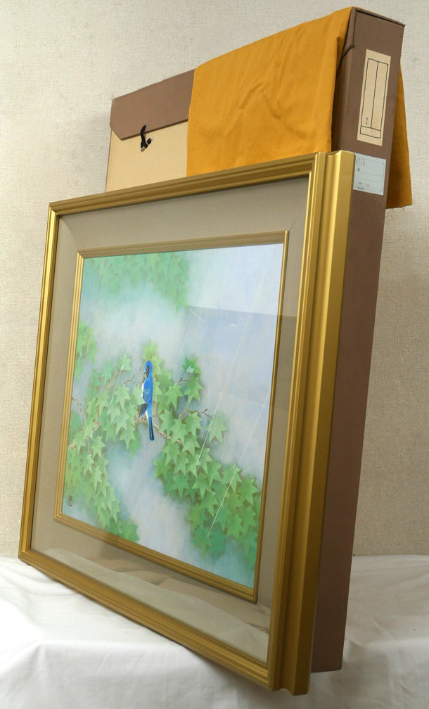 松本進「雨（オオルリ）」日本画・P12号　付属品画像（黄袋、布タトウ箱）