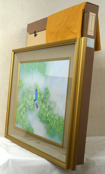 松本進「雨（オオルリ）」日本画・P12号　付属品画像（黄袋、布タトウ箱）