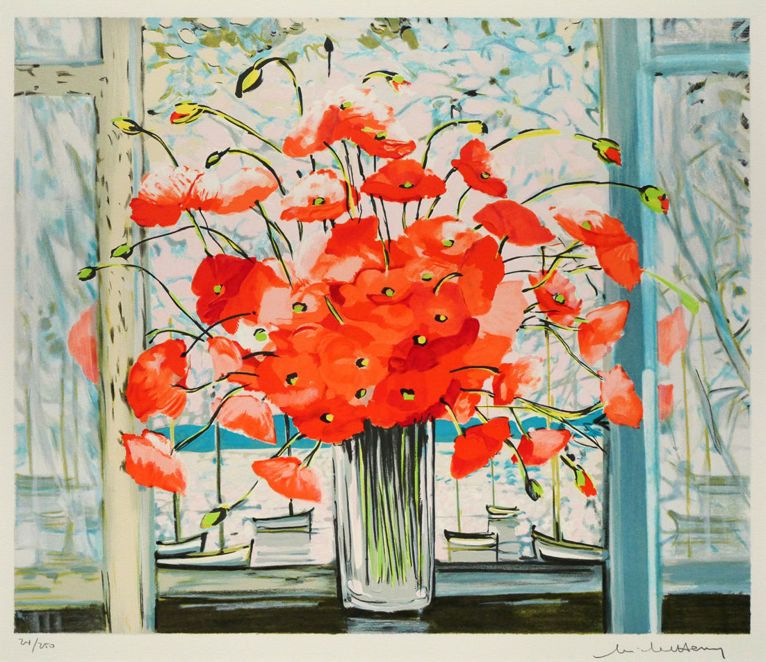 ミッシェル　アンリ（Michel　Henry）「赤い花」リトグラフ　作品全体画像