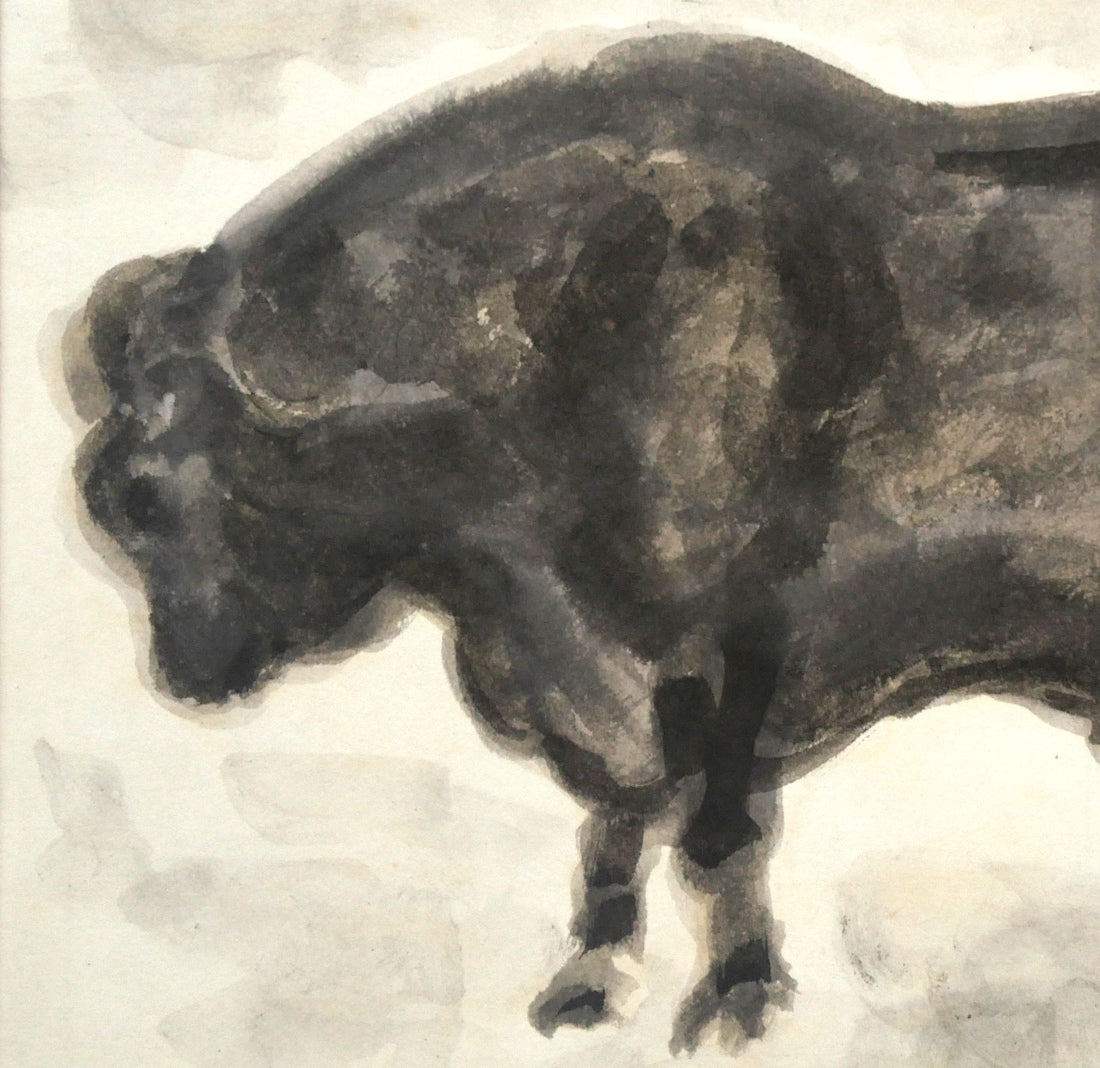 峯孝「新冠牧場にて（牛）」水彩画・色紙額装　拡大画像1