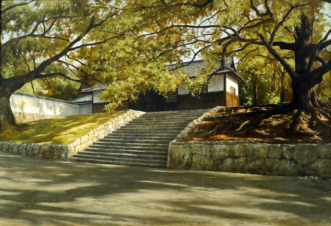 身野友之「楠若葉（京都・青蓮院）」油絵・M20号　作品全体画像