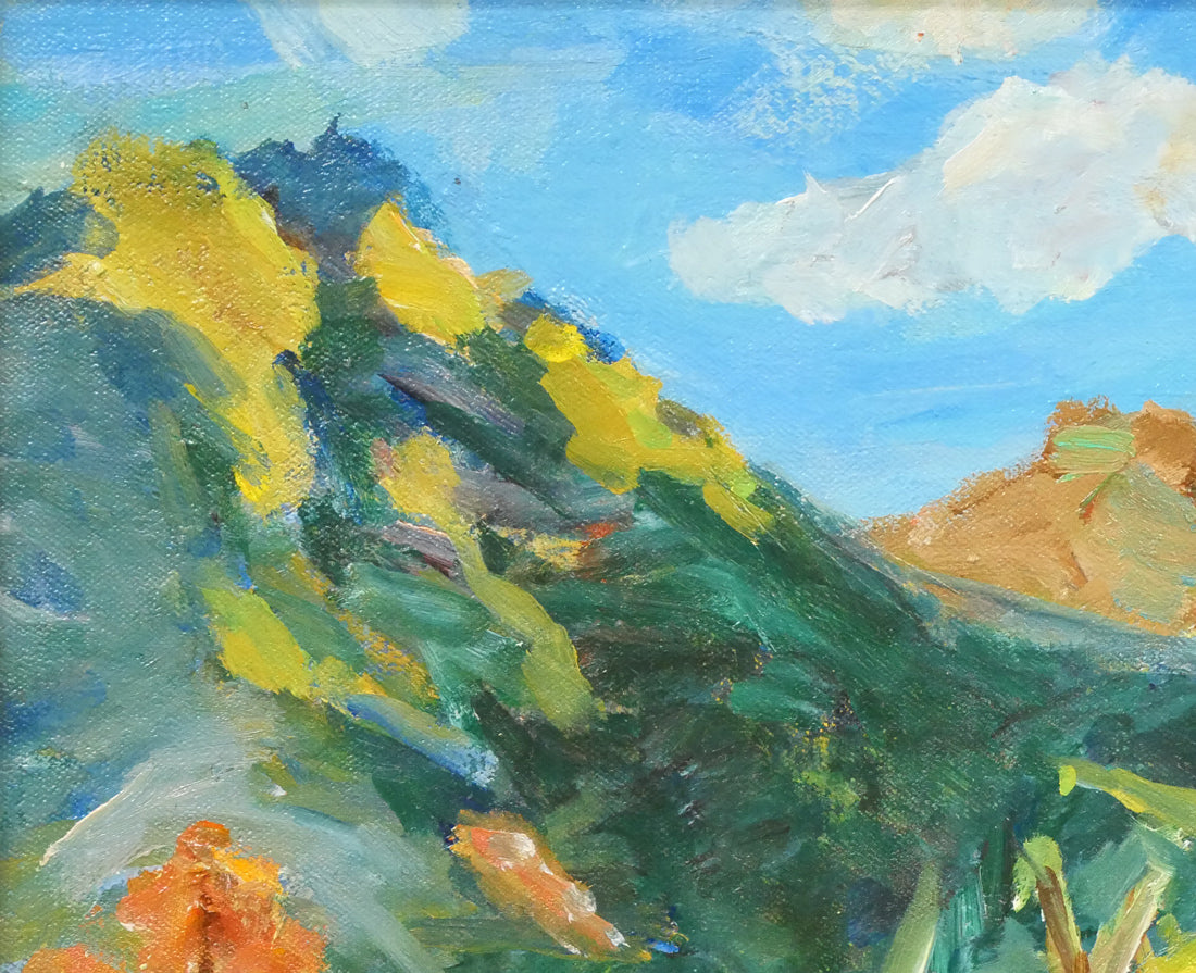 望月正男「釧北峠（阿寒富士と雌阿寒岳）」油絵・F4号　拡大画像1