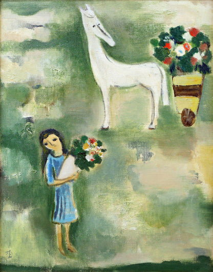 杢田たけを「花馬車と少女」油絵・F6号　作品全体画像