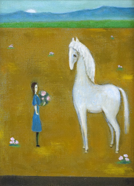 杢田たけを「少女と馬」油絵・F4号　作品全体拡大画像