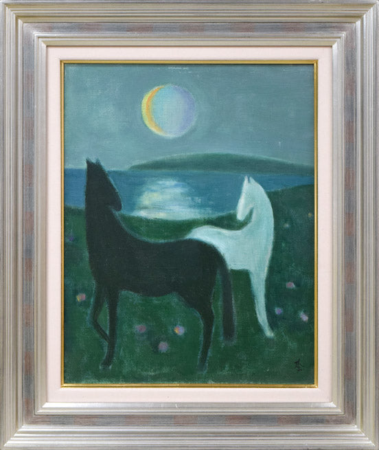杢田たけを「月と水辺（馬）」油絵・F6号