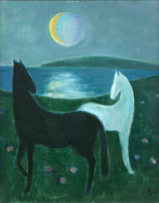 杢田たけを「月と水辺（馬）」油絵・F6号　作品全体拡大画像