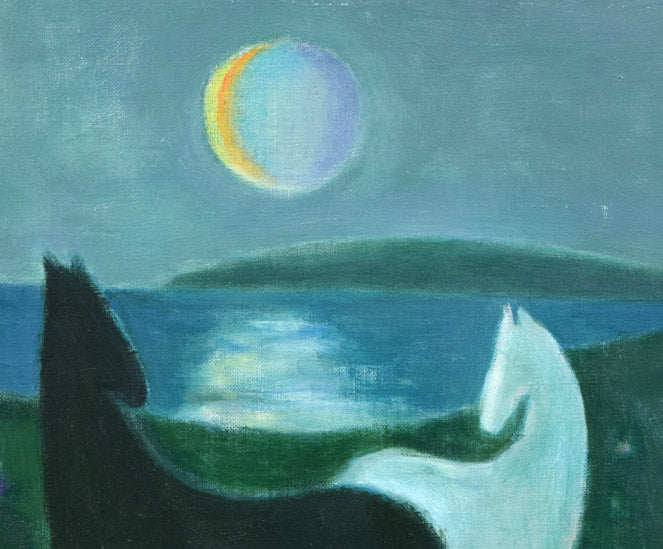 杢田たけを「月と水辺（馬）」油絵・F6号　拡大画像1