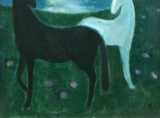 杢田たけを「月と水辺（馬）」油絵・F6号　拡大画像2