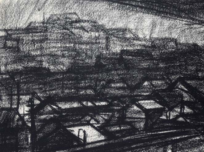 森本三郎「小樽風景」コンテ画・6号　拡大画像1