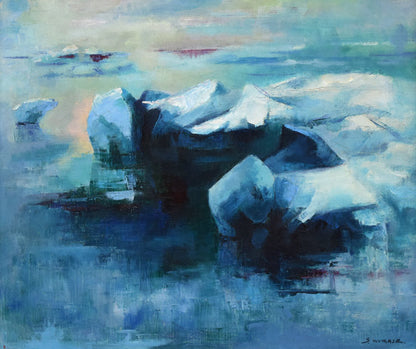 村瀬真治「オホーツク流氷・オーロラの詩」油絵・F8号　作品全体拡大画像