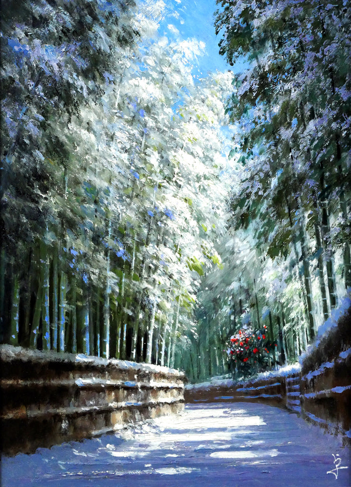 長岡卓「竹林の木漏れ日（京都嵯峨野）」油絵・F4号　作品全体画像