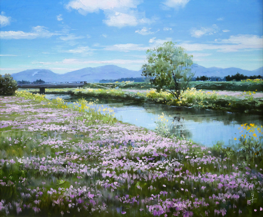 長岡卓「れんげ草」油絵・F8号 – 小竹美術