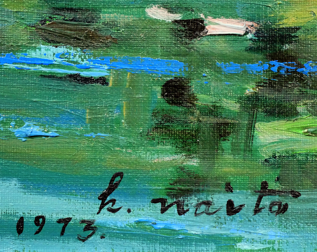 内藤一男「白雲山と然別湖」油絵・F8号　サイン・年記（1973年作）