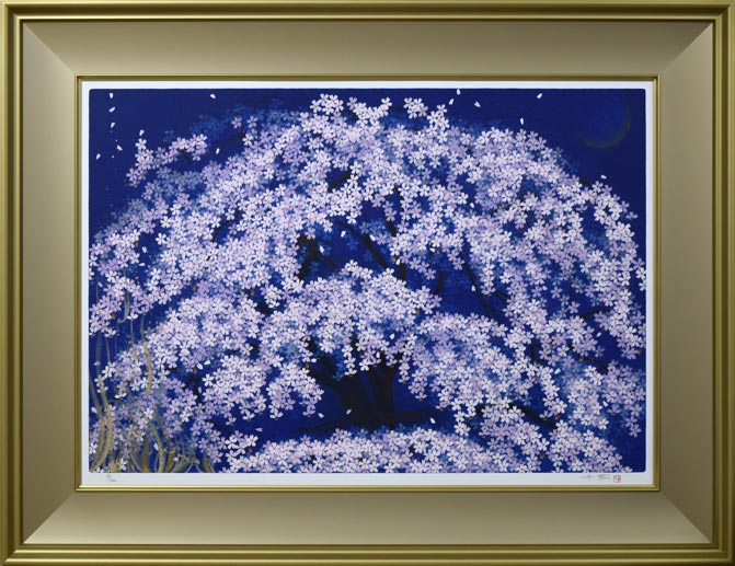 中島千波「春の宵　枝垂桜」シルクスクリーン版画