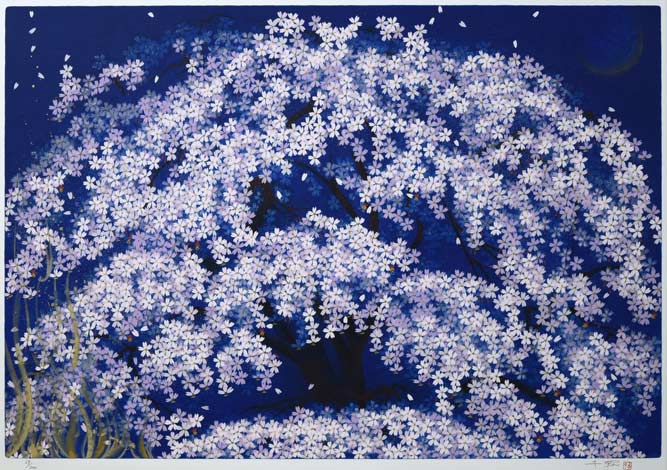 中島千波「春の宵　枝垂桜」シルクスクリーン版画　作品全体拡大画像