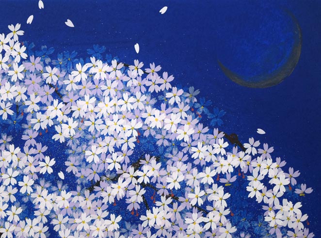 中島千波「春の宵　枝垂桜」シルクスクリーン版画　拡大画像2