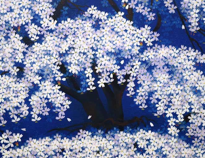 中島千波「春の宵　枝垂桜」シルクスクリーン版画　拡大画像3