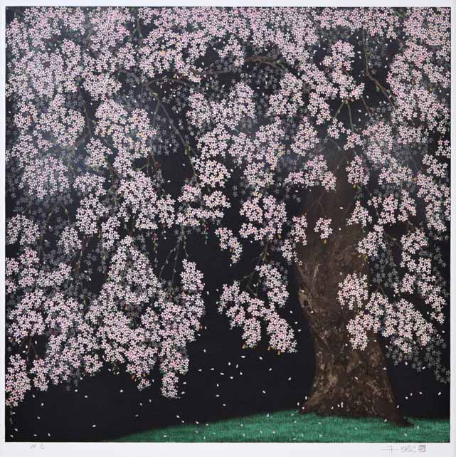 中島千波「桜花春宵」リトグラフ　作品全体拡大画像