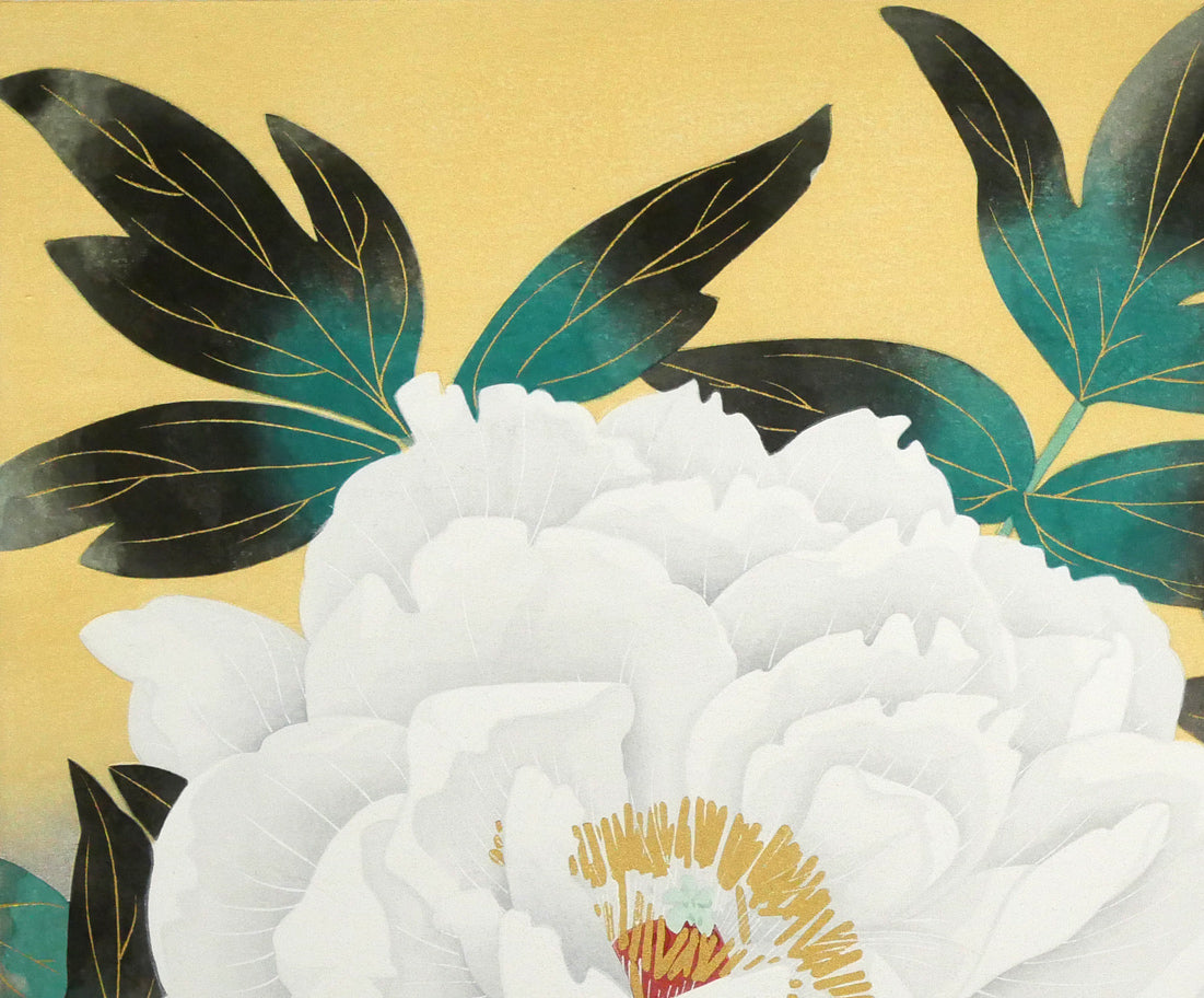 中島千波「紅白富貴花（牡丹）」木版画　拡大画像1