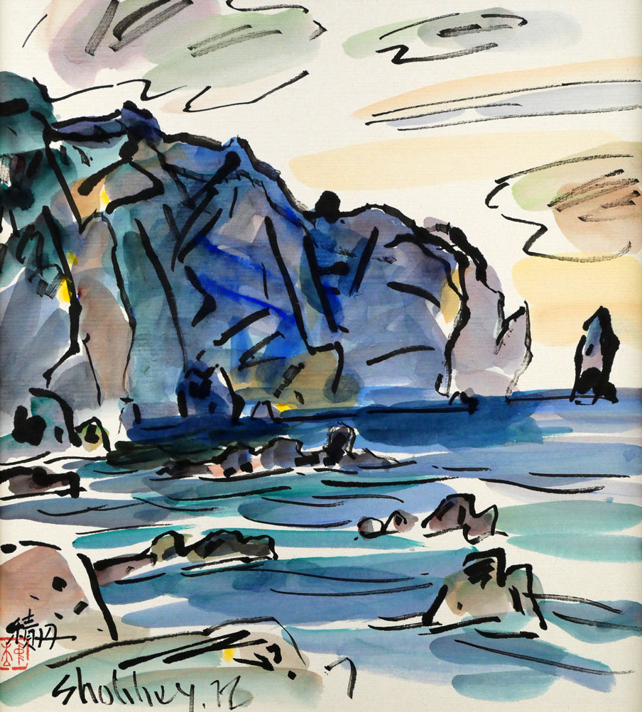 中本昭平「北海道・積丹の海」水彩画・色紙　作品全体画像