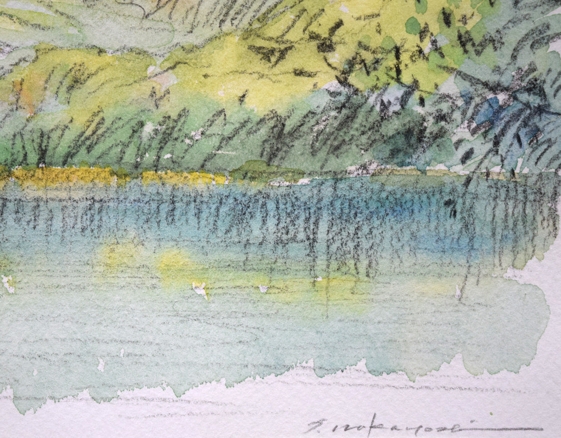 中吉功「知床の湖と山」水彩画・3号　拡大画像4