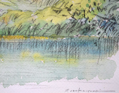 中吉功「知床の湖と山」水彩画・3号　拡大画像4