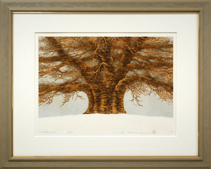 並木一「Tree　Scene　56」木版画（箔摺）