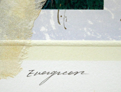 西川洋一郎「EVERGREEN」リトグラフにコラージュ　タイトル部分